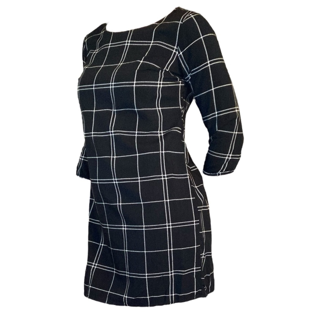 Old navy black windowpane plaid 3/4 sleeve shift mini dress size xs